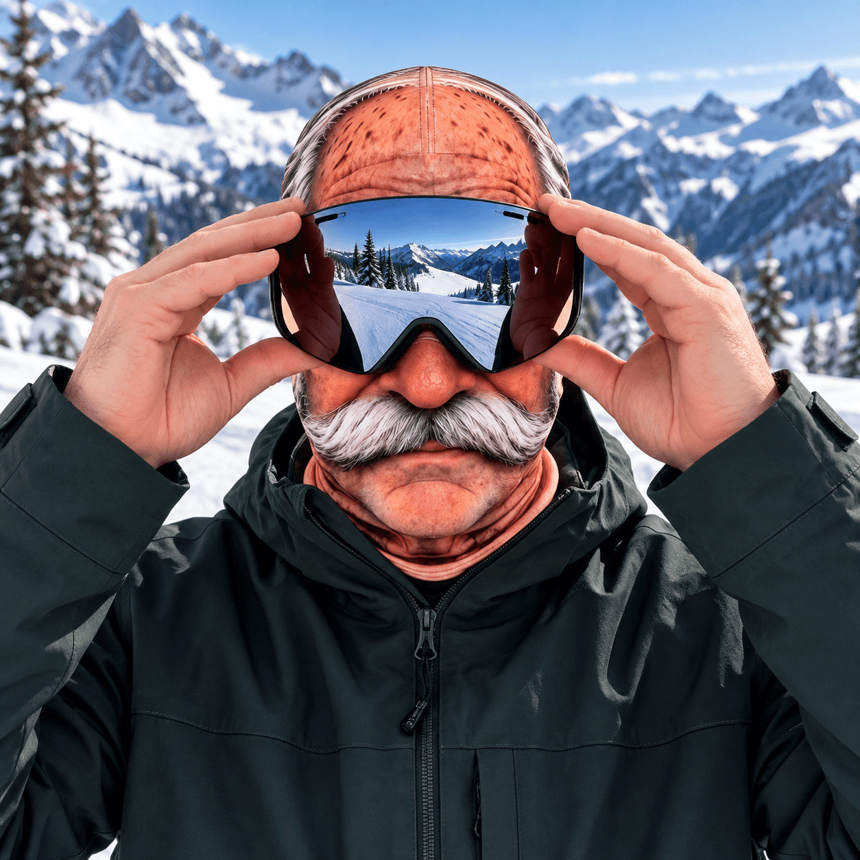 Skier adjusting goggles while wearing the Gramps on Ice ski hood: a bald old man's face with a bushy white mustache.