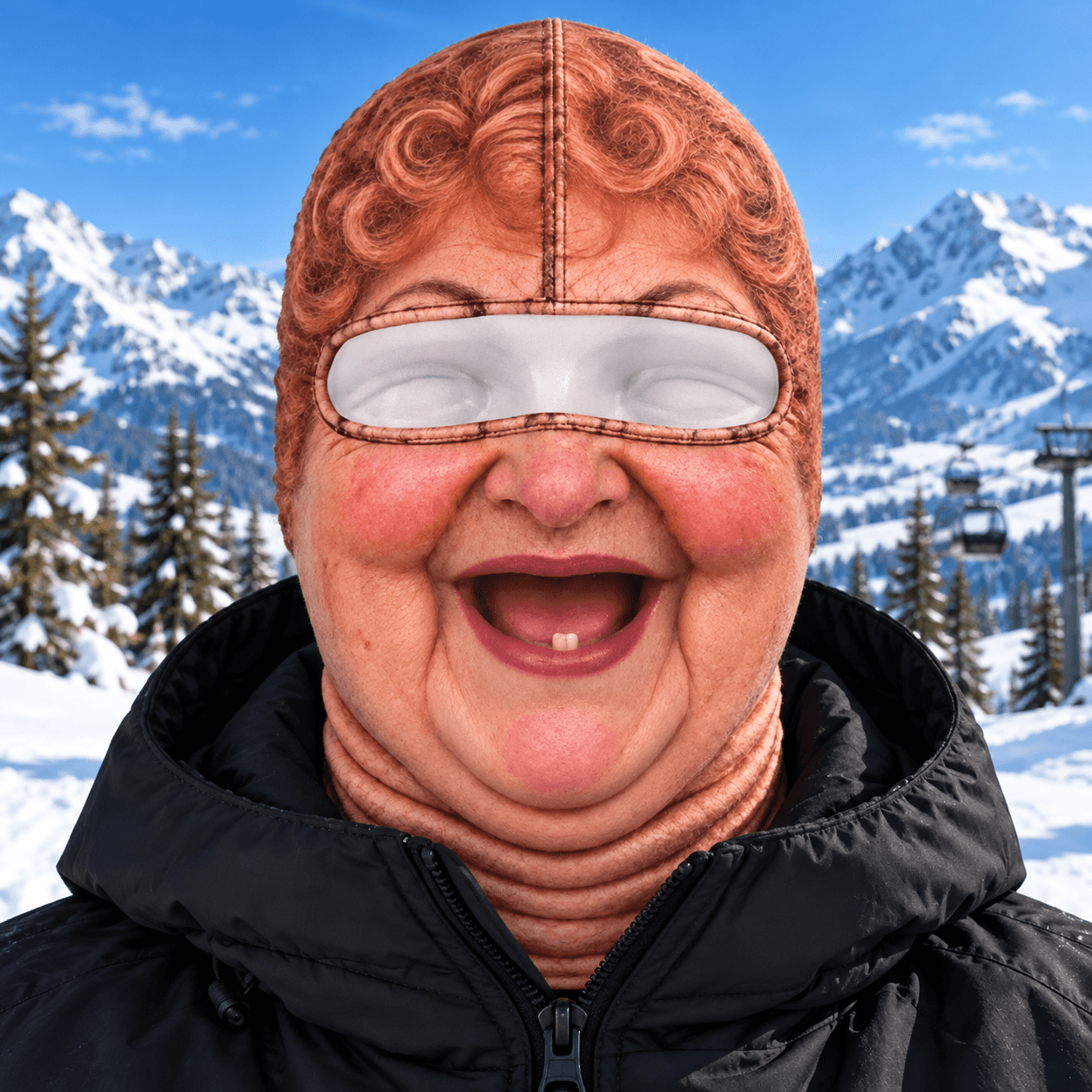 Person on a mountain wearing the Mona Gigglesa ski hood: a laughing grandma face with red curls and a single tooth.