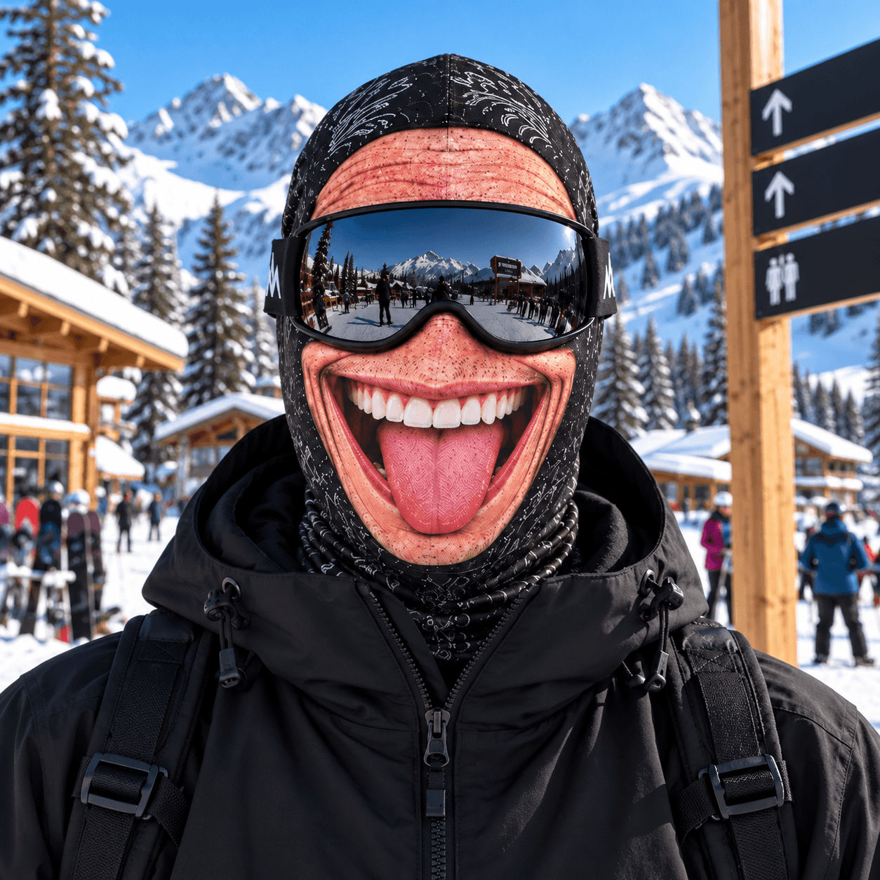 Skier at a ski resort wearing the CHADaclava ski hood: a wide toothy grin with the tongue sticking out.