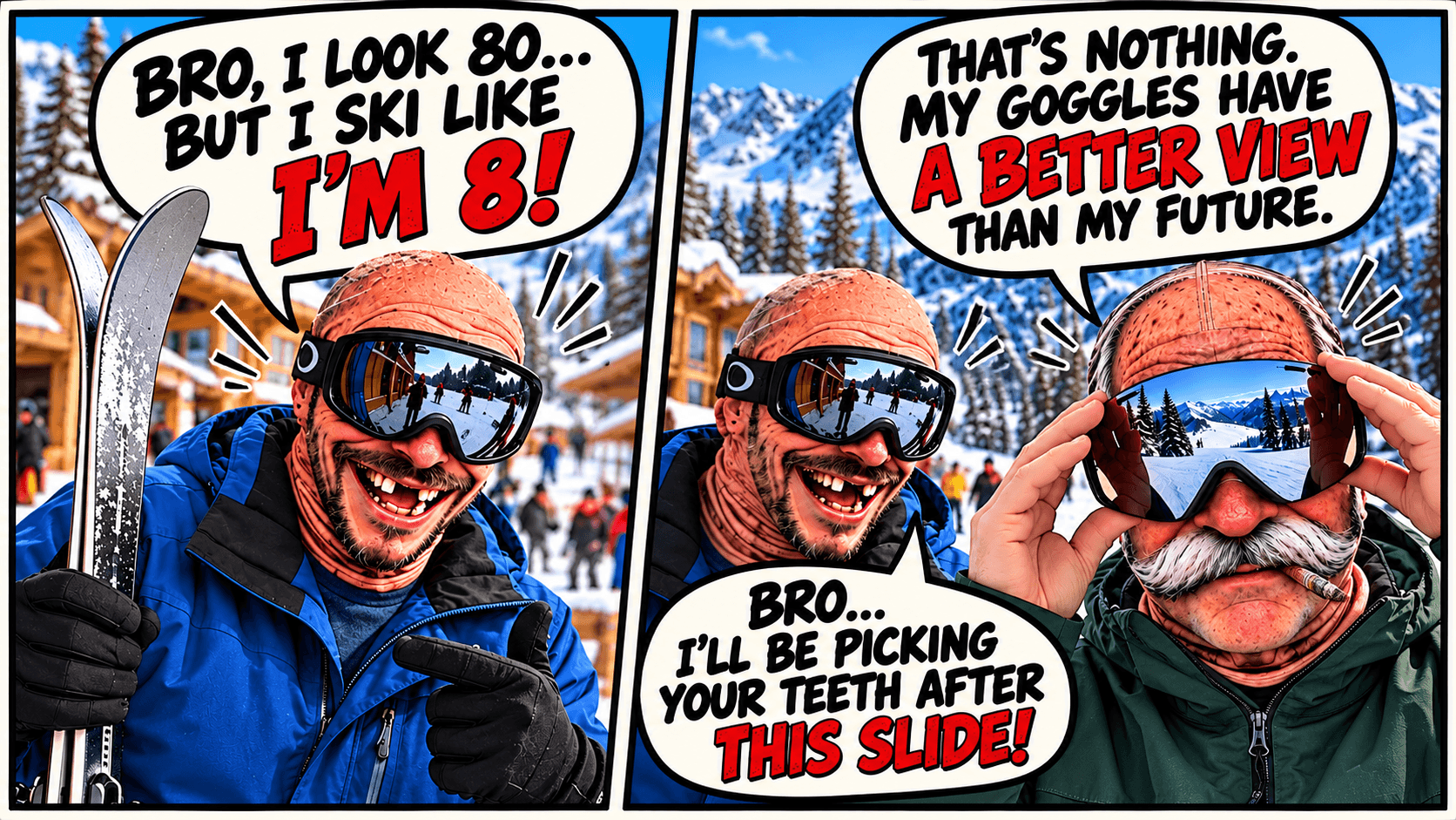 Two-panel comic of two skiers in Silly Mask Club ski hoods. The gap-toothed one says: "Bro, I look 80, but I ski like I'm 8!" The mustached one, adjusting his goggles, says: "That's nothing. My goggles have a better view than my future." The first replies: "Bro, I'll be picking your teeth after this slide!"